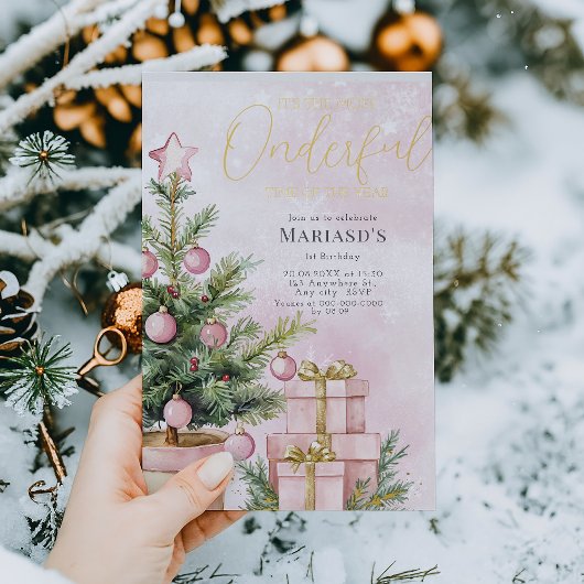水彩ピンクのクリスマスツリー1st誕生日 箔招待状