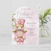 水彩ピンクのクリスマスナツクラッカー1st birthday 招待状 (スタンド正面)