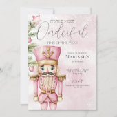 水彩ピンクのクリスマスナツクラッカー1st birthday 招待状 (正面)