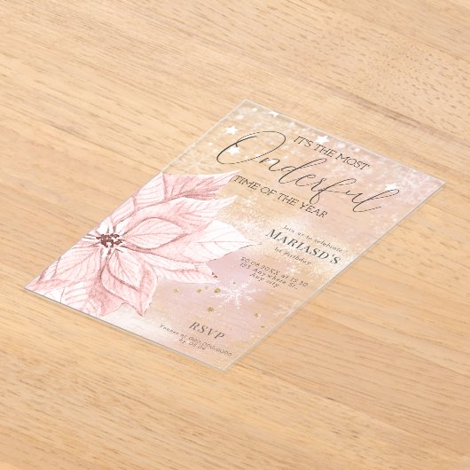 水彩ピンクのクリスマスフラワー1st birthday アクリル招待状 (レイダウン)