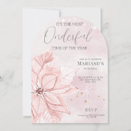 水彩ピンクのクリスマスフラワー1st birthday 招待状