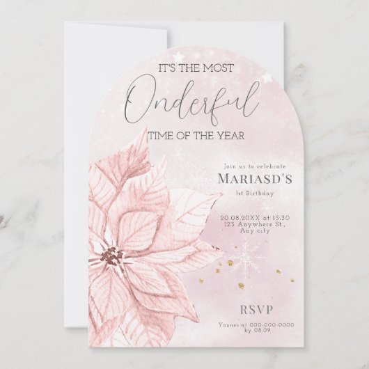 水彩ピンクのクリスマスフラワー1st birthday 招待状 (正面)