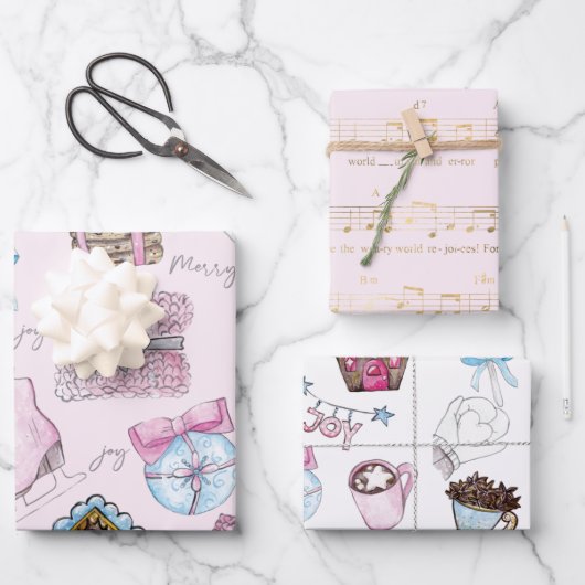 水彩ピンクのクリスマス ラッピングペーパーシート (正面)