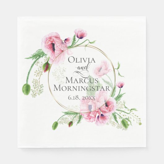 水彩ピンクのケシと葉 スタンダードランチョンナプキン (正面)