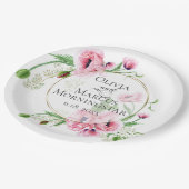 水彩ピンクのケシと葉 ペーパープレート (アングル)