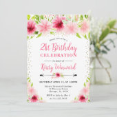 水彩ピンクのサマー・フラワーズ フォト 21歳の誕生日 招待状 (スタンド正面)