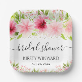 水彩ピンクのサマー フラワーズ ブライダル シャワー ペーパープレート