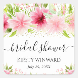 水彩ピンクのサマー フラワー ブライダル シャワー スクエアシール