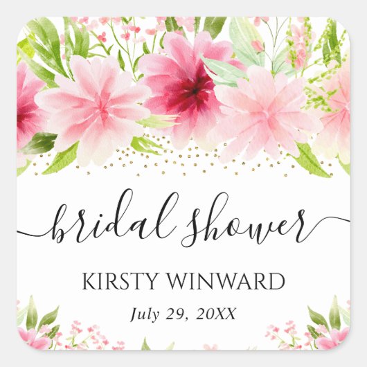 水彩ピンクのサマー フラワー ブライダル シャワー スクエアシール (正面)