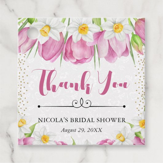 水彩ピンクのチューリップと水仙の花のブライダルシャワー フェイバータグ (正面)