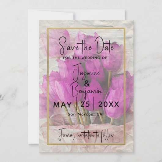 水彩ピンクのチューリップブーケ日付を保存 招待状 (正面)
