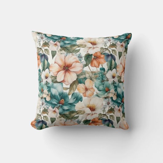 水彩ピンクのティール(緑がかった色)花模様を背景(明) クッション (正面)