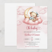 水彩ピンクのテディベアが月を超えて寝ている 招待状 (正面/裏面)