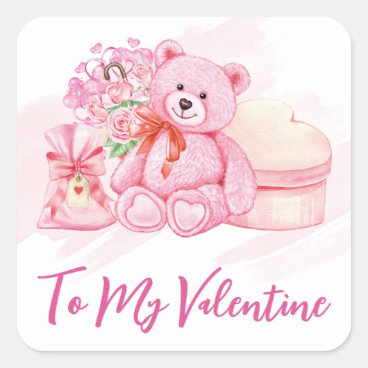 水彩ピンクのテディベアとバレンタインデーの贈り物 スクエアシール (正面)