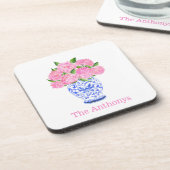 水彩ピンクのハイドランジア シノワズリー ネーム コースター (左側)