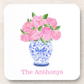 水彩ピンクのハイドランジア シノワズリー ネーム コースター (正面)