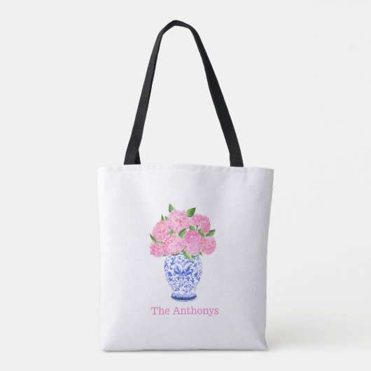 水彩ピンクのハイドランジア チャイニーズ・チノワーズ ネーム トートバッグ (裏面)