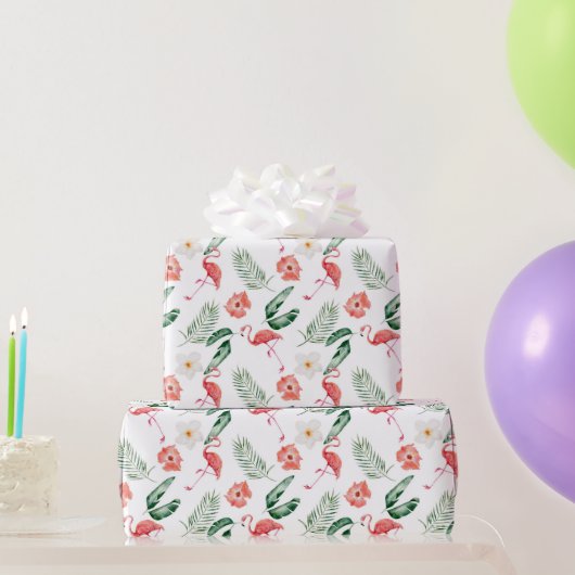 水彩ピンクのハイビスカスとフラミンゴ熱帯産 ラッピングペーパー (パーティーギフト)