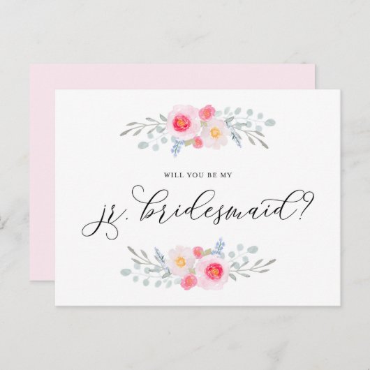 水彩ピンクのハナデマリに私のジュニアブライズメイドになって！ インビテーションポストカード (正面/裏面)