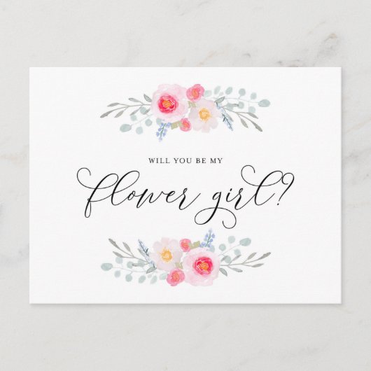 水彩ピンクのハナモモが私のフラワーガールになってくれますか インビテーションポストカード (正面)