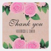 水彩ピンクのバラありがとう結婚。 スクエアシール (正面)