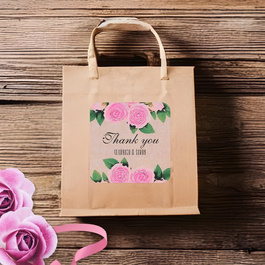 水彩ピンクのバラありがとう結婚。 スクエアシール