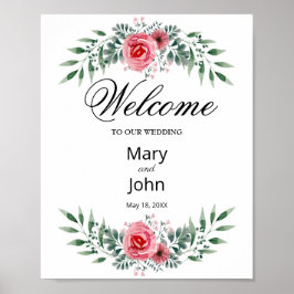 水彩ピンクのバラとグリーンが美しい結婚式のウェルカムサイン ポスター