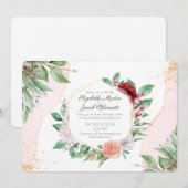 水彩ピンクのバラとグリーン 仮想結婚式 招待状 (正面/裏面)