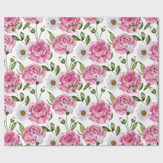水彩ピンクのバラとデイジー花 ラッピングペーパー (フラット)