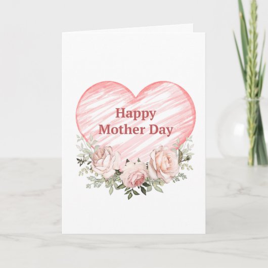 水彩ピンクのバラとハート母の日 カード (正面)