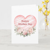 水彩ピンクのバラとハート母の日 カード (黄色い花)
