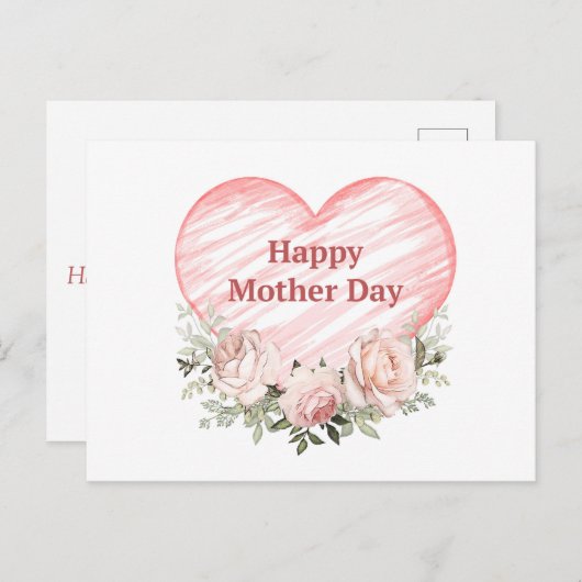 水彩ピンクのバラとハート母の日 シーズンポストカード (正面/裏面)