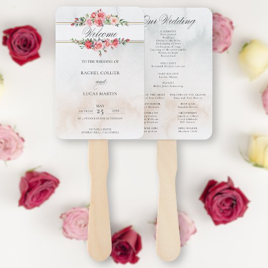 水彩ピンクのバラと書道プログラム ハンドファン