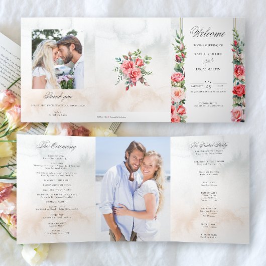 水彩ピンクのバラと書道プログラム 三つ折りカード