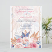 水彩ピンクのバラと青い花のシックなウェディング 招待状 (スタンド正面)