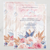 水彩ピンクのバラと青い花のシックなウェディング 招待状 (正面/裏面)