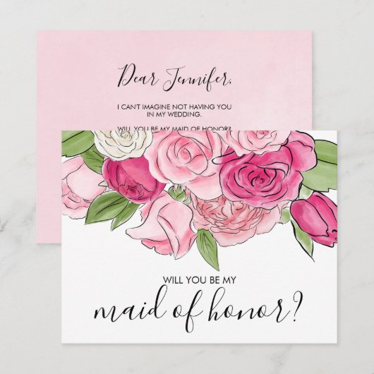 水彩ピンクのバラに私のメイド・オブ・オナーカード 招待状 (正面/裏面)