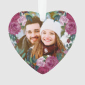 水彩ピンクのバラのカップル写真初めてのクリスマス オーナメント (正面)