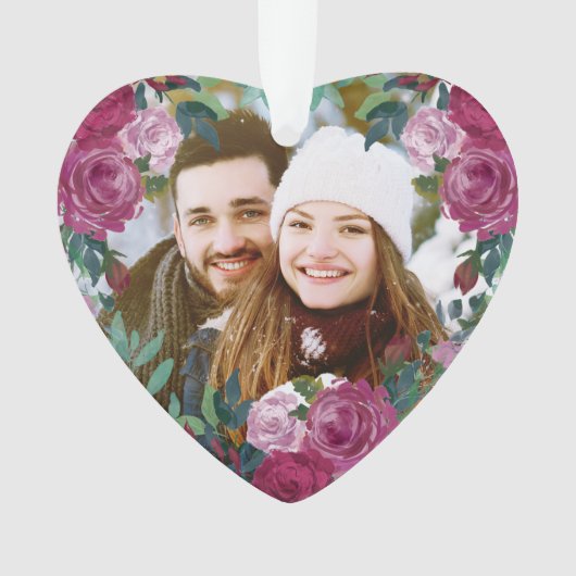 水彩ピンクのバラのカップル写真初めてのクリスマス オーナメント (正面)