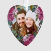 水彩ピンクのバラのカップル写真初めてのクリスマス オーナメント (正面)