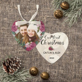 水彩ピンクのバラのカップル写真初めてのクリスマス オーナメント