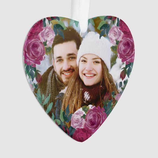 水彩ピンクのバラのカップル写真初めてのクリスマス オーナメント (正面)