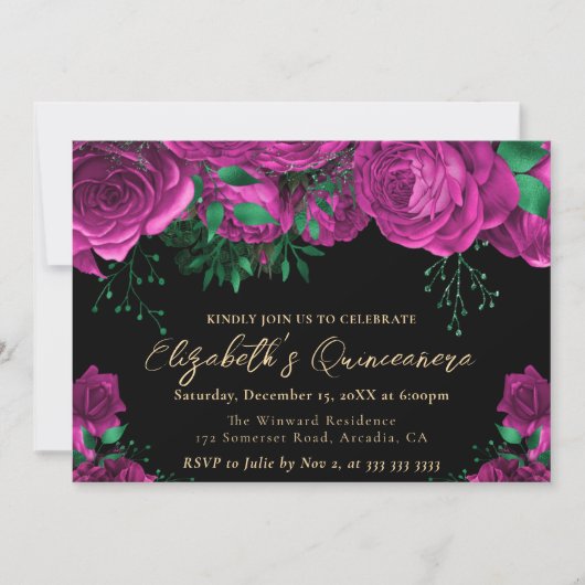 水彩ピンクのバラのキンチャネラ 招待状 (正面)