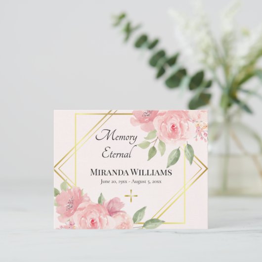 水彩ピンクのバラのギリシャ正統の葬儀 サンキューカード (スタンド正面)