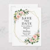 水彩ピンクのバラのジオフレーム日付を保存 ポストカード (正面/裏面)