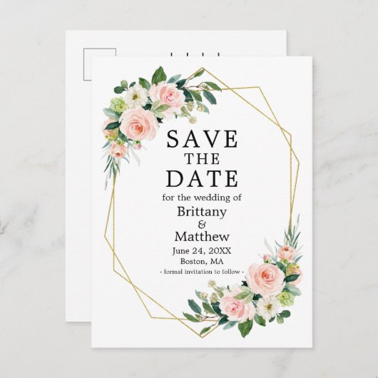 水彩ピンクのバラのジオフレーム日付を保存 ポストカード (正面/裏面)