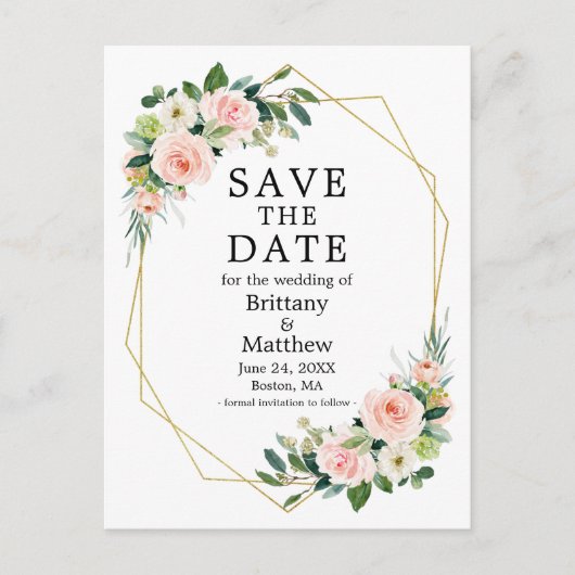 水彩ピンクのバラのジオフレーム日付を保存 ポストカード (正面)