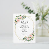 水彩ピンクのバラのジオフレーム日付を保存 ポストカード (スタンド正面)