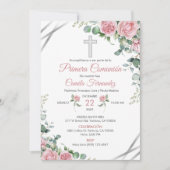 水彩ピンクのバラのファーストコミュニオン招待状 招待状 (正面)
