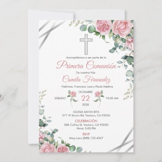 水彩ピンクのバラのファーストコミュニオン招待状 招待状 (正面)